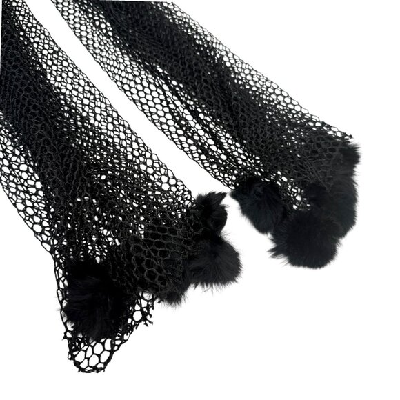 Black Mesh Scarf Fur Pom Pom Evening Shawl Fishnet Wrap - Picture 6 of 9